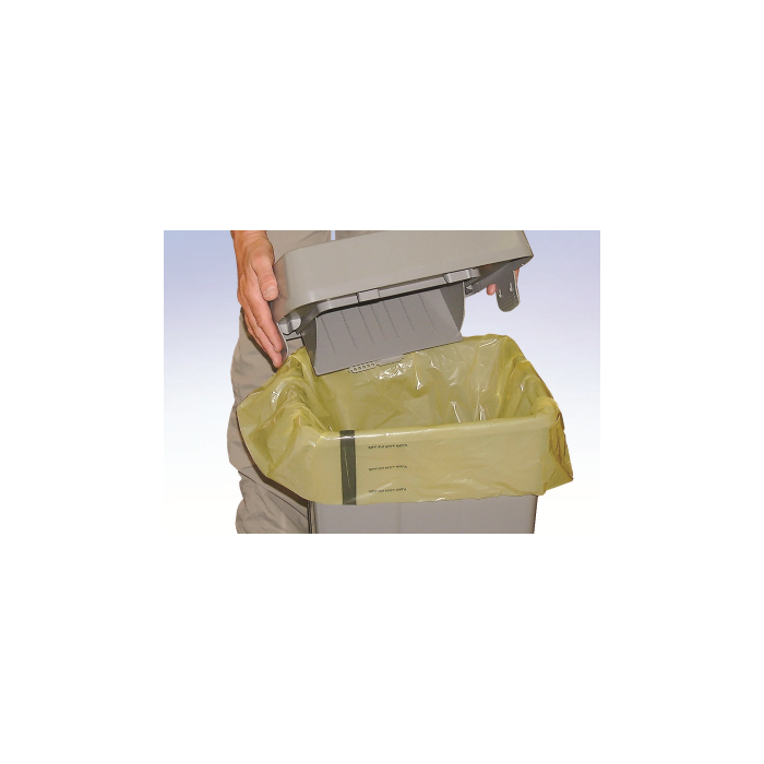 Tiger Stripe Clinical Waste Bags 90L - Yellow/Black sack being placed in a bin.
