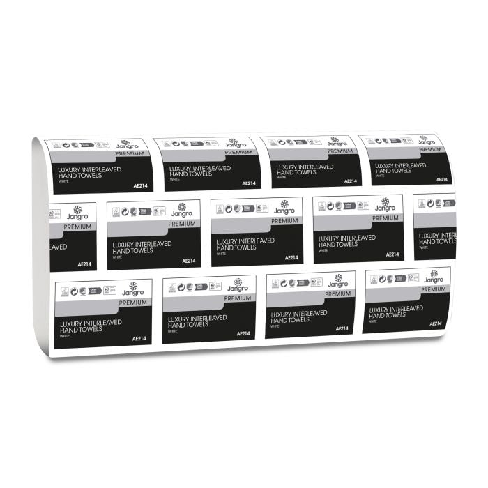 Jangro Premium Luxury 2-ply white interleaved hand towels packaging, 2400 towels per case.