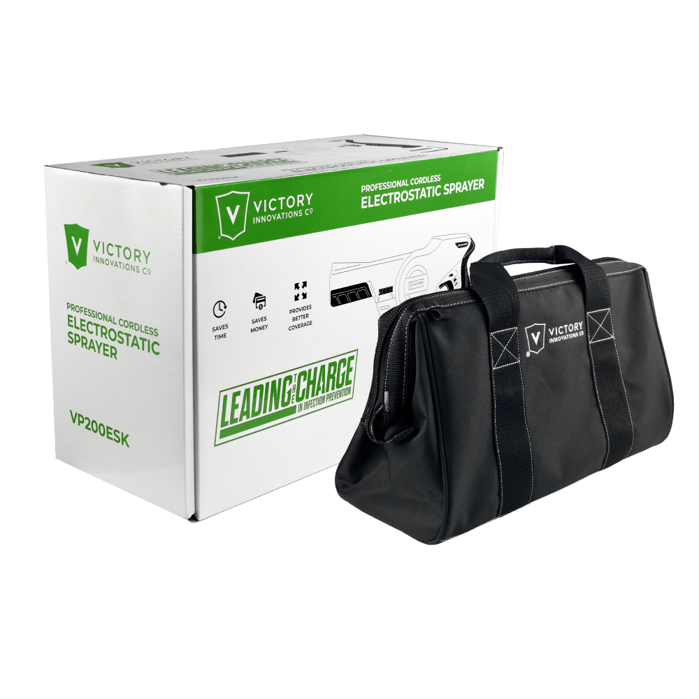 Victory Electrostatic Sprayer Gun Pro – packaging with included carrying bag and product details.