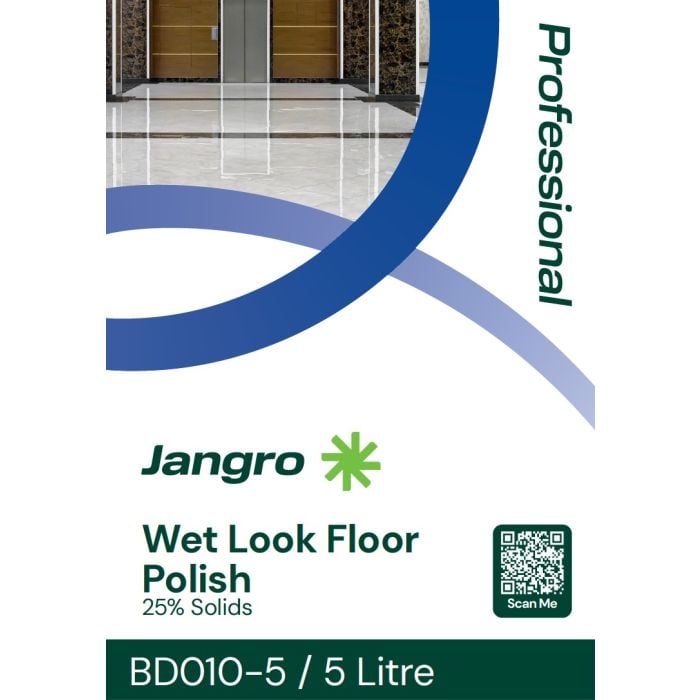 Jangro Wet Look Floor Polish 25% Solids 5L packaging with product details and QR code.