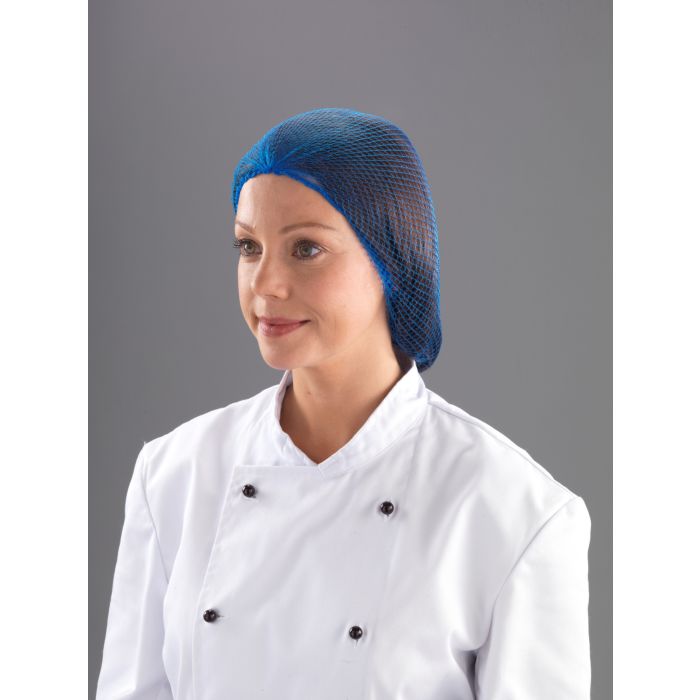 Blue Hairnet Banded Ringed - DG015-B | UK Made PPE, worn by a person in a chef's coat.
