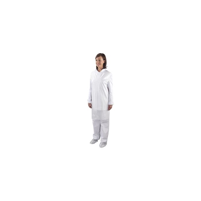 Person wearing a disposable white polythene apron, standing upright.