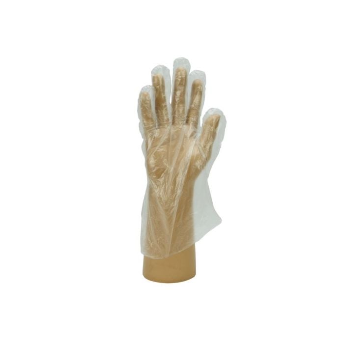 Clear Polythene Gloves Large 100 Pack – disposable food and hygiene gloves displayed on a hand model.