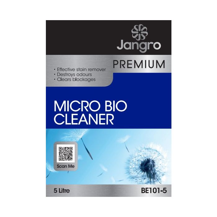 Packaging for Jangro Premium Micro Bio Cleaner 5L, featuring product details and QR code.