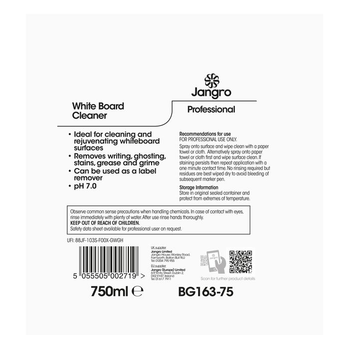 Jangro White Board Cleaner 750ml – usage instructions and safety information label.
