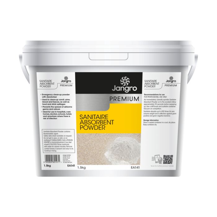 Sanitaire Absorbent Powder by Jangro – emergency biohazard cleanup product packaging.