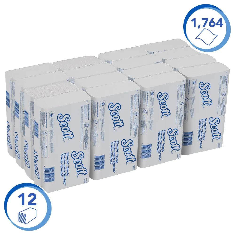 Scott Slimfold Hand Towel M Fold White – packaging of 12 packs with 1,764 sheets total.