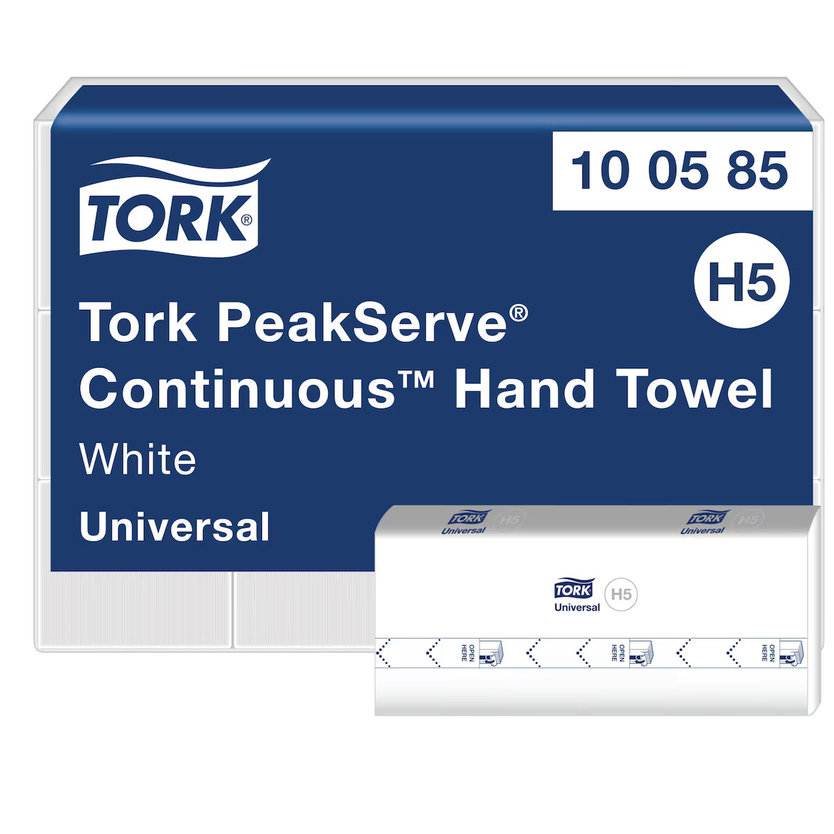 Tork PeakServe H5 Continuous Hand Towels packaging – high capacity, white, 1 ply.