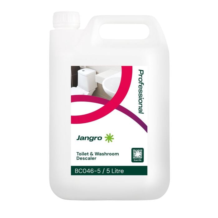 Jangro Professional Toilet & Washroom Cleaner Descaler 5L – product packaging with usage details.