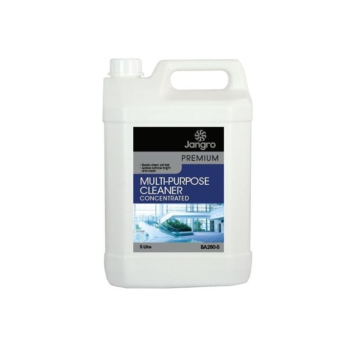 Jangro Premium Multi Purpose Cleaner Concentrated 5 litre – product packaging with usage details.