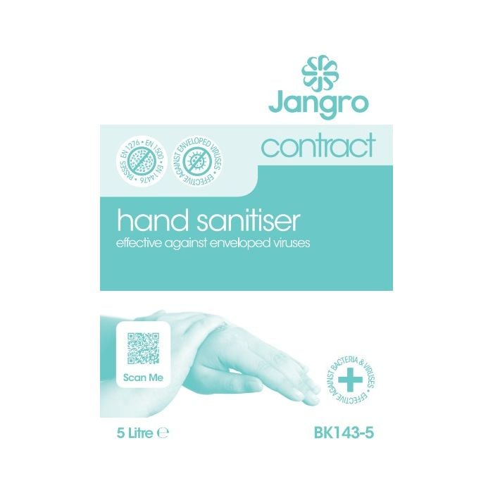 Jangro Contract Hand Sanitiser 5L – effective against enveloped viruses, with QR code.
