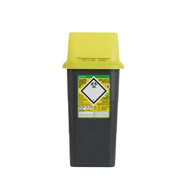 Steroplast 7L Sharps Bin with yellow lid – clinical waste container with hazard label.