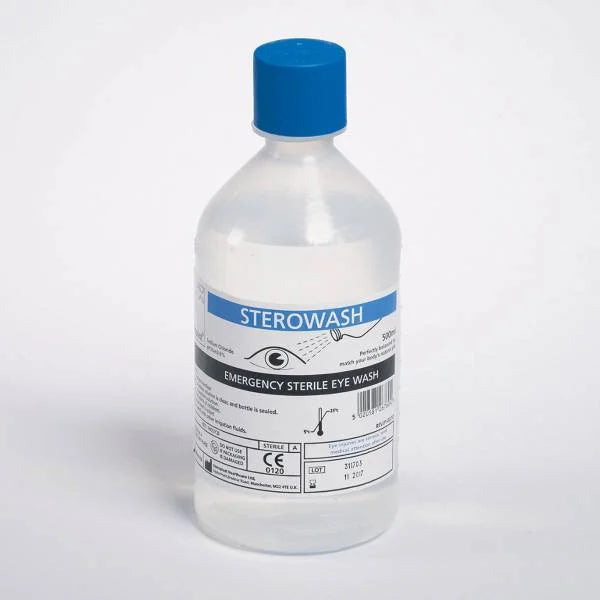 Sterowash Emergency Sterile Eye Wash – 500ml bottle for eye irrigation.