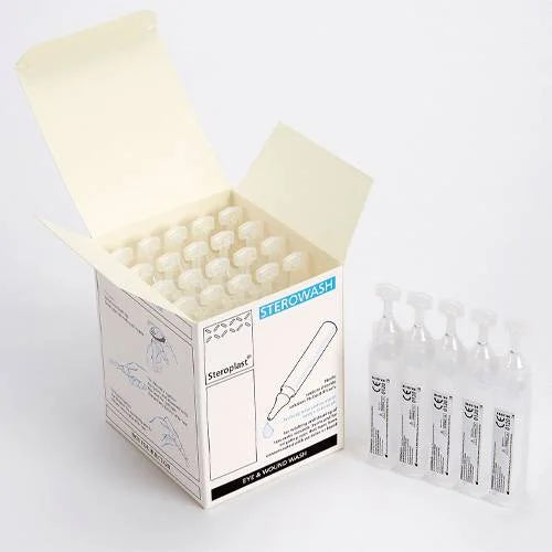 Sterowash Eyewash Pods 20ml x25 – sterile eye irrigation packaging.