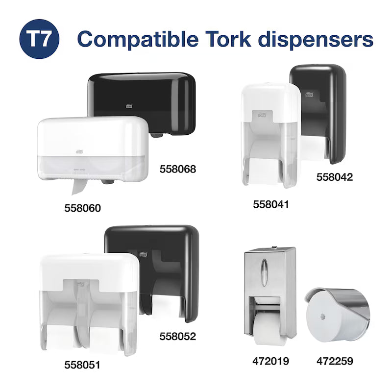 Tork OptiServe Coreless Toilet Roll – compatible dispensers and product codes displayed.
