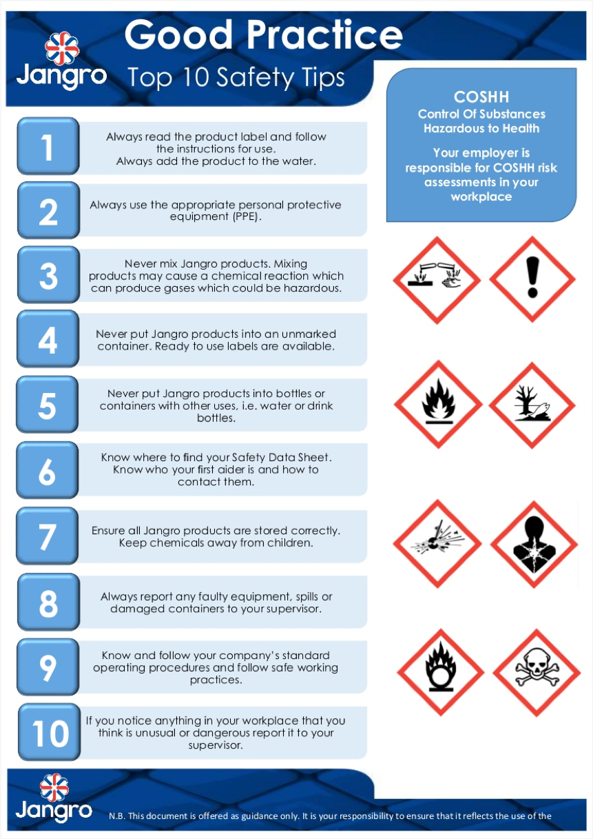Top 10 safety tips for Jangro products, including PPE and chemical handling guidelines.