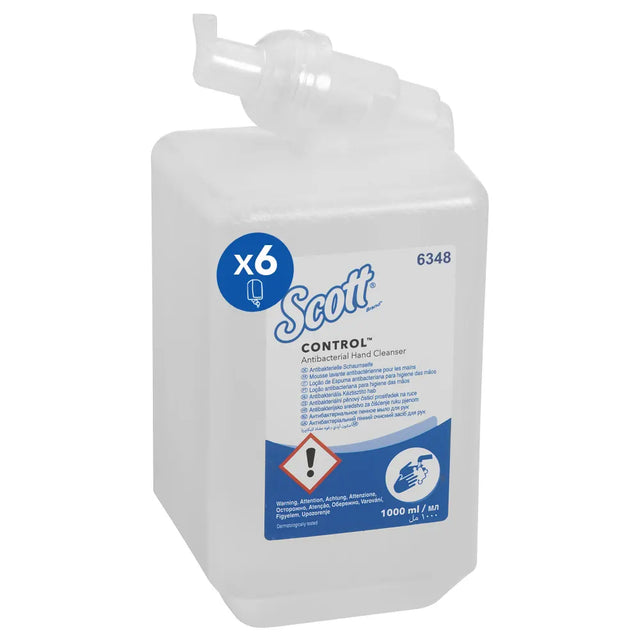 Scott Control Antibacterial Hand Cleanser – packaging for six 1000 ml bottles.