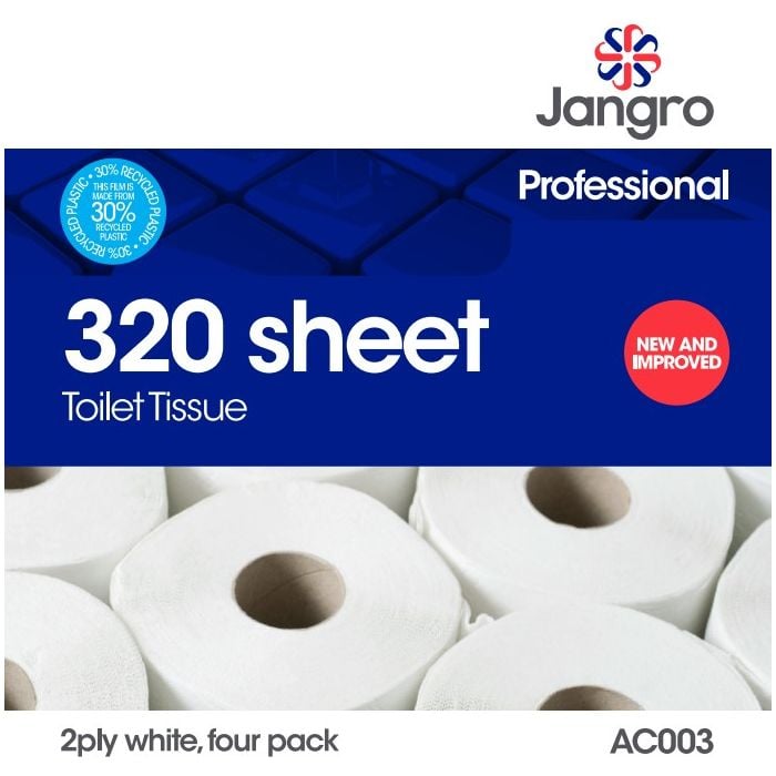 Jangro Professional 320 Sheet Toilet Tissue – 2 ply, four pack packaging.