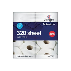 Jangro Professional 320 Sheet Toilet Tissue – 2 ply, four pack packaging.