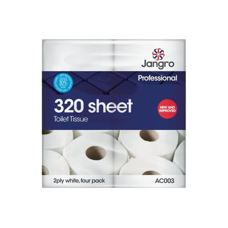 Jangro Professional 320 Sheet Toilet Tissue – 2 ply, four pack packaging.