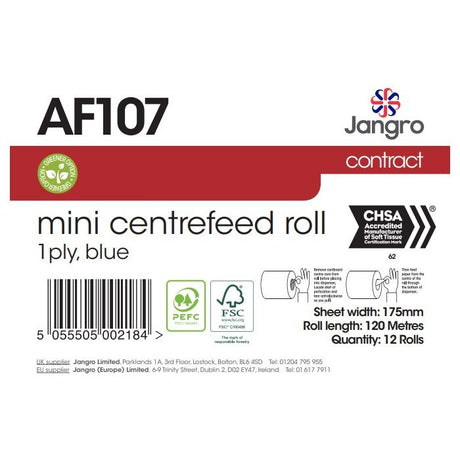 Jangro Mini Centrefeed Roll packaging – 1ply blue, 120m length, 12 rolls.