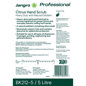 Jangro Citrus Hand Scrub 5L – product information and usage instructions label.