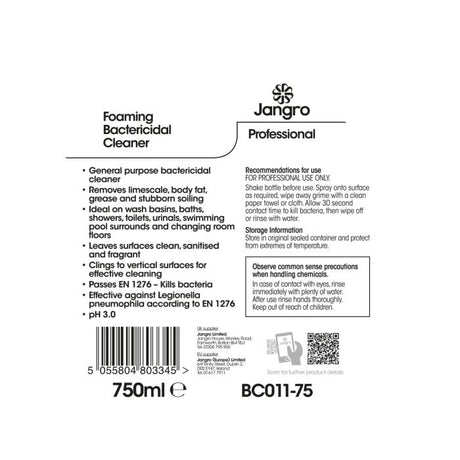 Jangro Professional Foaming Bactericidal Cleaner 750ml – usage instructions and safety information.