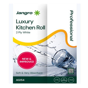 Jangro Luxury Kitchen Roll – 2 ply white, 60 sheets, soft and absorbent.