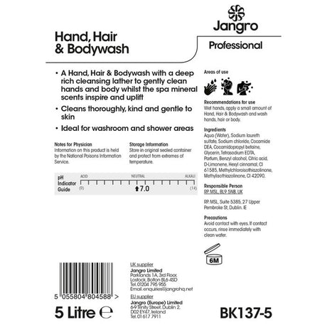 Jangro Hand, Hair & Bodywash 5L – usage instructions and ingredients list.