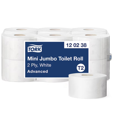 Tork Advanced Mini Jumbo Toilet Roll 2 Ply packaging, containing 12 rolls.