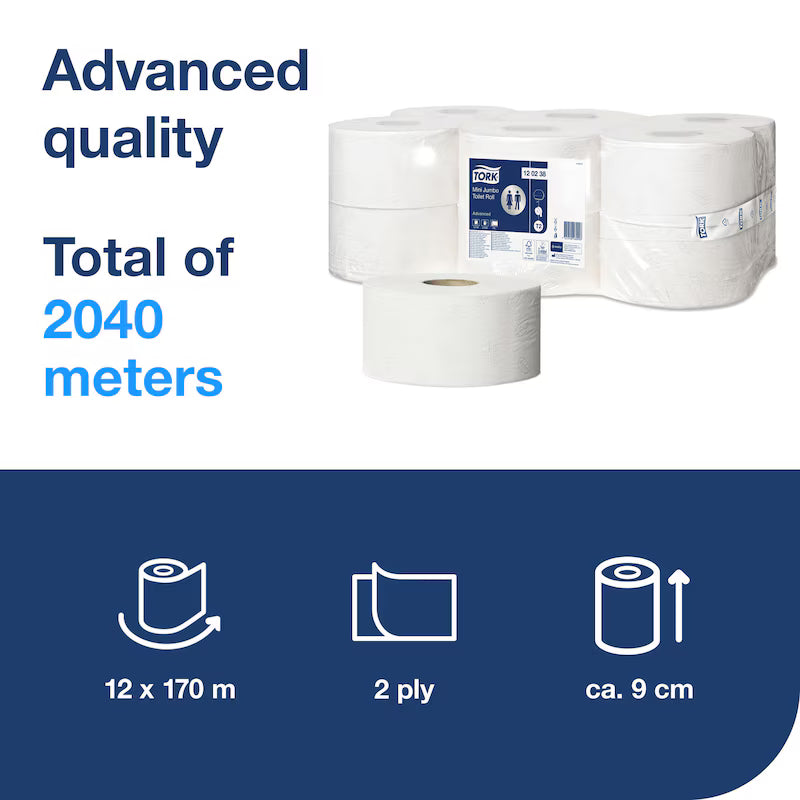 Tork Advanced Mini Jumbo Toilet Roll 2 Ply x12 – packaging and product details.