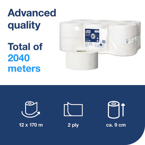 Tork Advanced Mini Jumbo Toilet Roll 2 Ply x12 – packaging and product details.