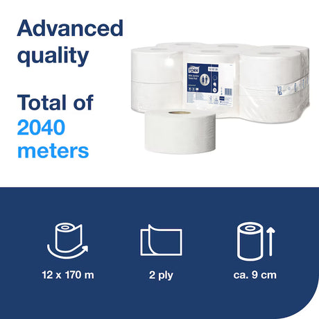 Tork Advanced Mini Jumbo Toilet Roll 2 Ply x12 – packaging and product details.
