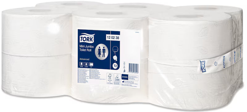 Tork Advanced Mini Jumbo Toilet Roll packaging – 12 rolls of 2-ply toilet tissue.
