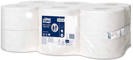 Tork Advanced Mini Jumbo Toilet Roll packaging – 12 rolls of 2-ply toilet tissue.
