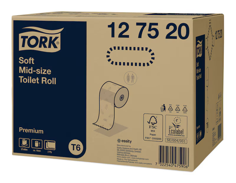 Tork Soft Mid-Size Toilet Roll Premium T6 packaging with product details and specifications.