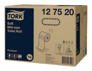 Tork Soft Mid-Size Toilet Roll Premium T6 packaging with product details and specifications.