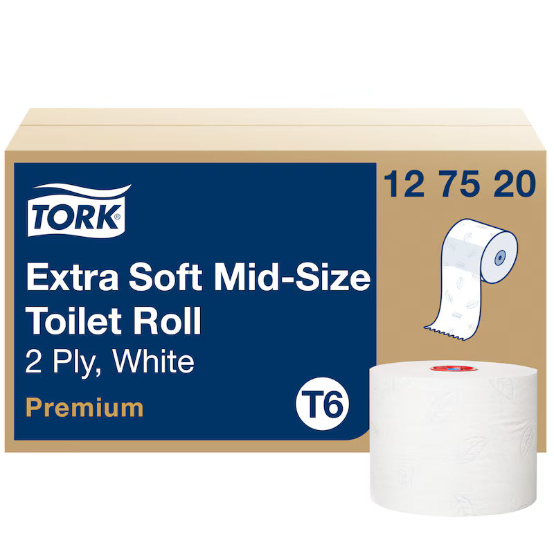 Tork Extra Soft Mid-Size Toilet Roll Premium T6 packaging with product details.