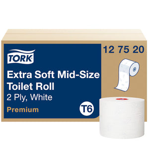 Tork Extra Soft Mid-Size Toilet Roll Premium T6 packaging with product details.