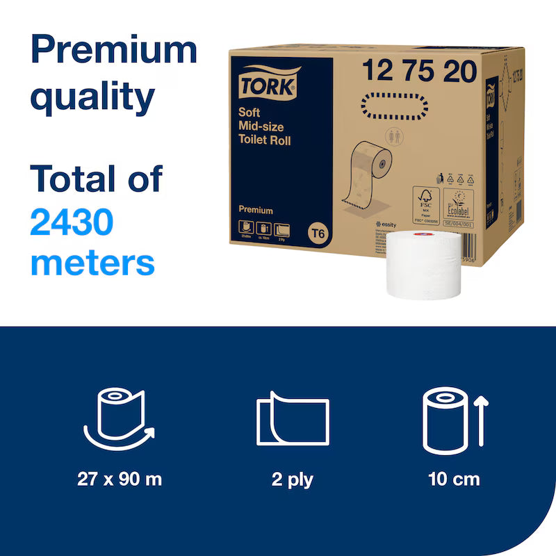 Tork Soft Mid-Size Toilet Roll Premium T6 packaging with product details and specifications.