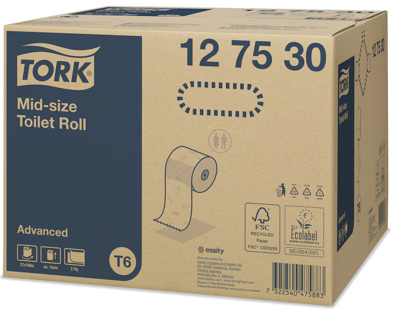 Tork Mid-Size Toilet Roll packaging – 100m, 2 Ply, advanced tissue.