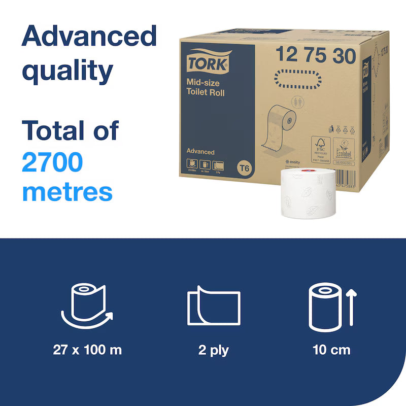 Tork Mid-Size Toilet Roll – packaging with product details and specifications.