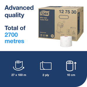 Tork Mid-Size Toilet Roll – packaging with product details and specifications.
