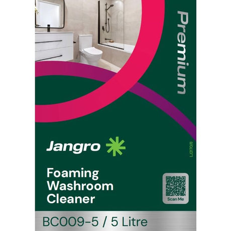 Jangro Premium Foaming Washroom Cleaner 5L – product packaging with cleaning instructions.
