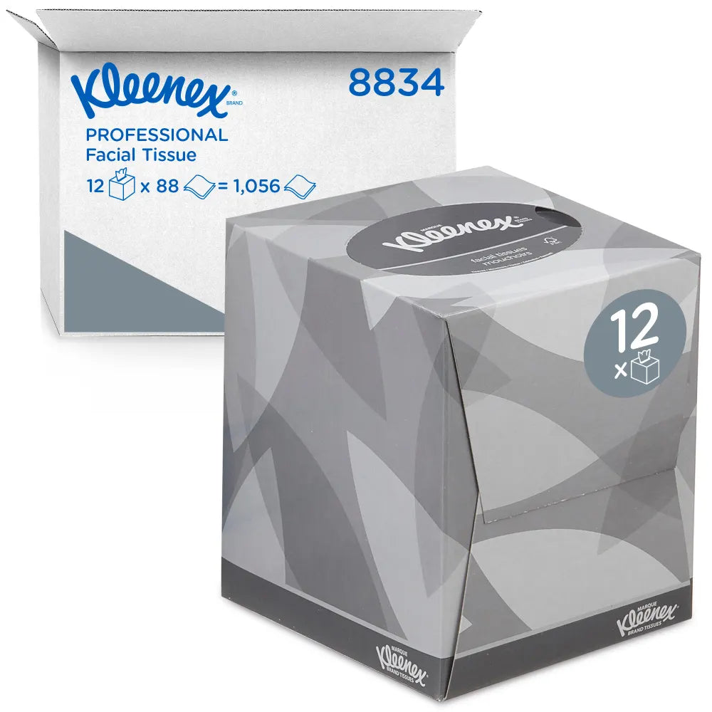 Kleenex Cube Tissue 12x90 – packaging showing product details and tissue count.