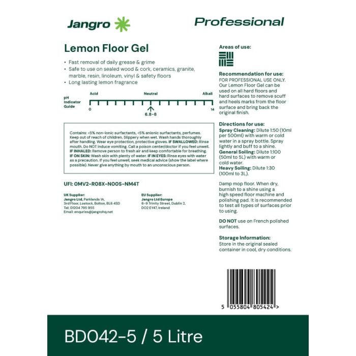 Jangro Lemon Floor Gel 5L – usage instructions and safety information label.
