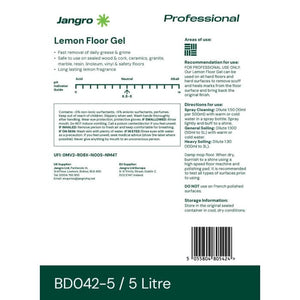Jangro Lemon Floor Gel 5L – usage instructions and safety information label.
