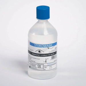 Sterowash Emergency Sterile Eye Wash – 500ml bottle for eye irrigation.