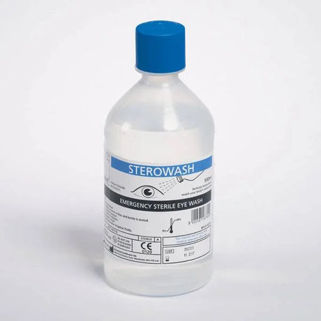 Sterowash Emergency Sterile Eye Wash – 500ml bottle for eye irrigation.