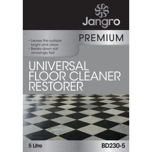 Jangro Premium Universal Floor Cleaner Restorer 5L – product packaging with cleaning instructions.